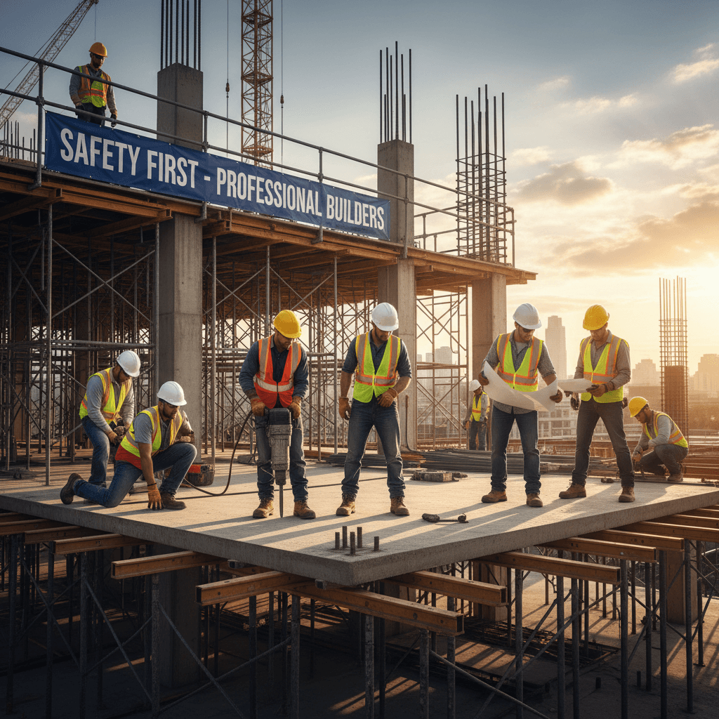 Professionelle Baustelle mit Sicherheitsstandards