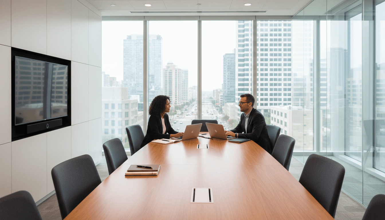 Modernes Büro mit warmem Licht für professionelle Meetings und Beratungen