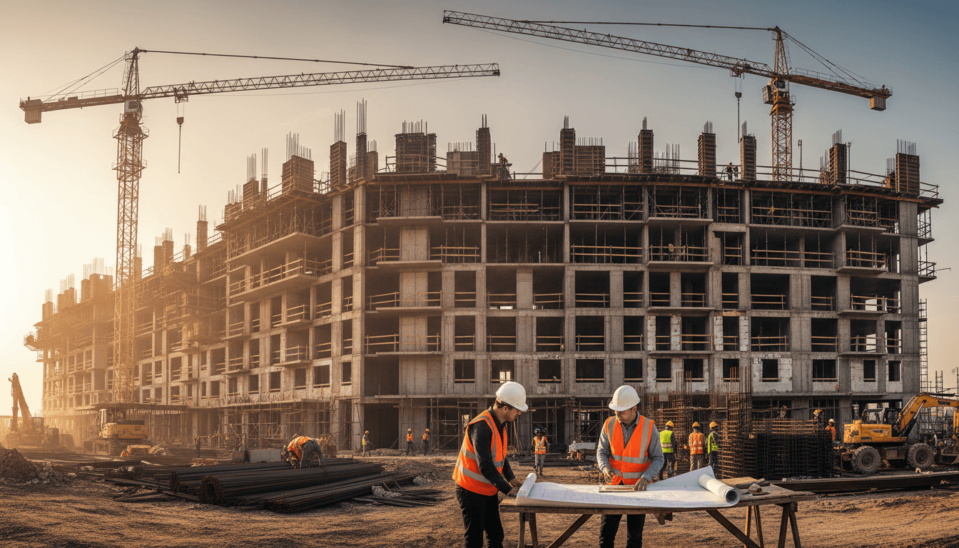 Professionelles Sicherheits- und Bauleistungsteam bei der Arbeit auf einer modernen Baustelle