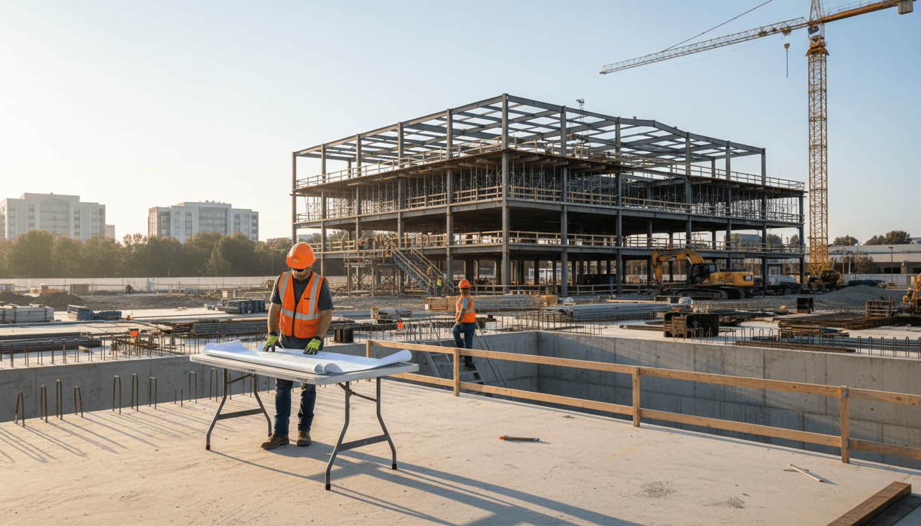 Baustelle mit Arbeitern und Sicherheitsausrüstung